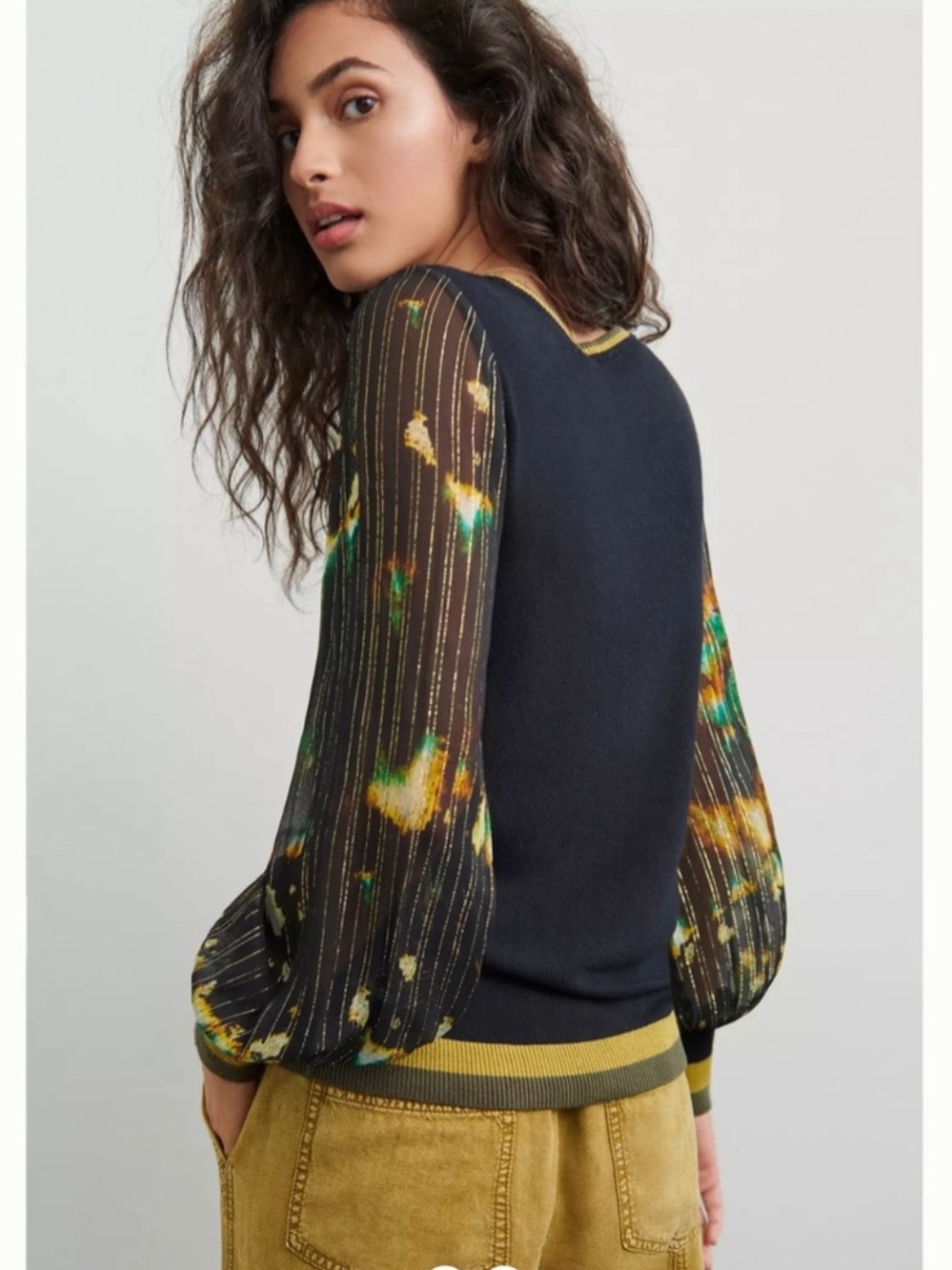 Anthropologie Black Pullover with Mustard & Green Printed Sheer Sleeves